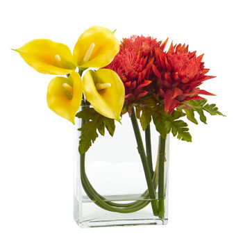 12 Calla Lily and Artichoke in Rectangular Glass Vase Artificial Arrangement - SKU #1534